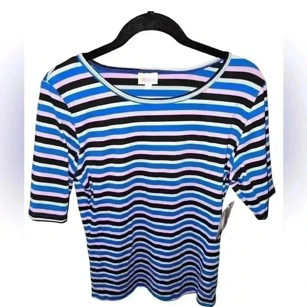 Lularoe large striped Gigi t shirt. Short sleeve , fitted. black , blue, rose.